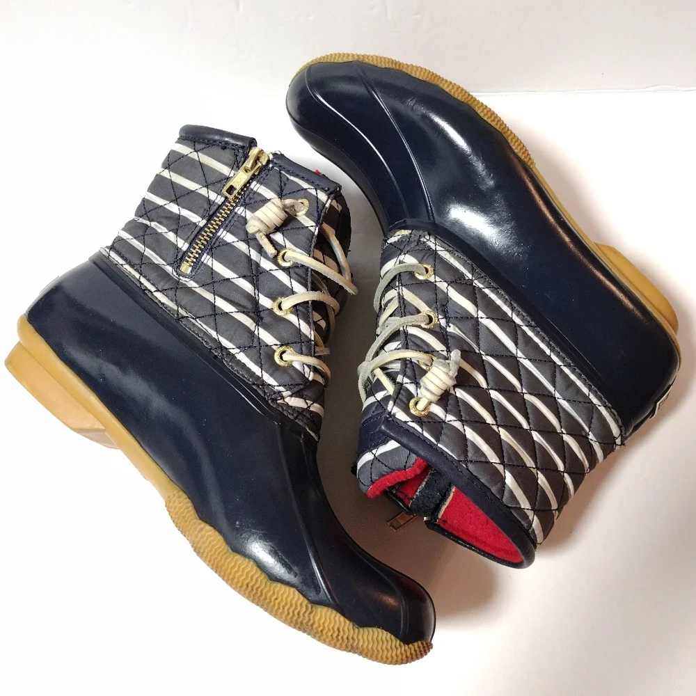 Sperry Women's Saltwater Duck Rain Lace-Up Zip Waterproof Boots in Navy Size 8